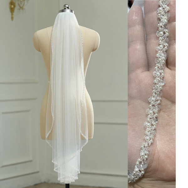 1 Tier Beaded Edge Veil, Fingertip Pearls Sequins Veil, Elegant Wedding Veil, Crystal Pearls Veil, Ivory Bridal Veil