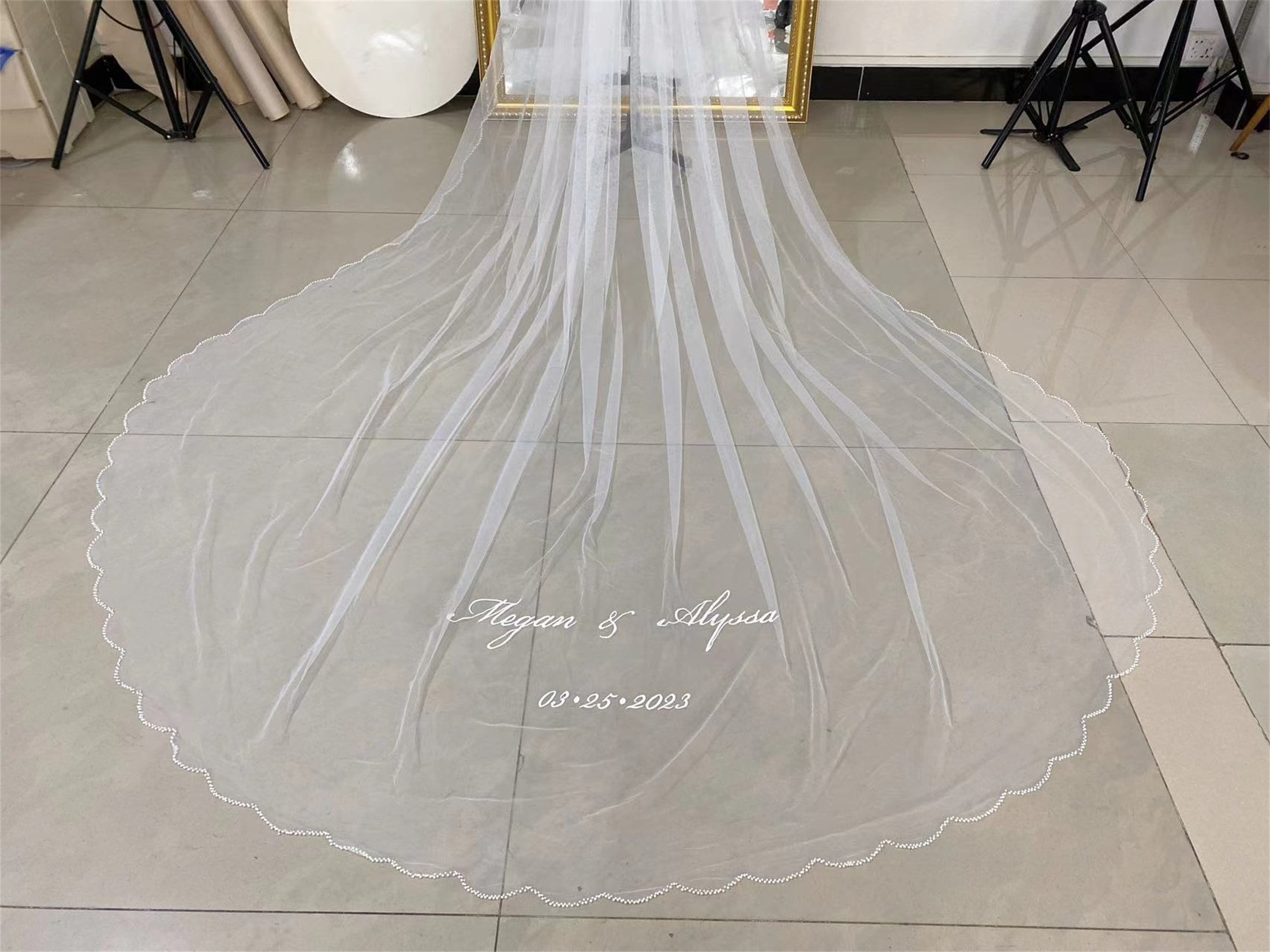 Custom Hand Embroidered Wedding Veil: Personalized Initials & Date