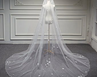 Pearls Bridal Veil, Cathedral Mantilla Veil, Elegant Petals Wedding Veil, Rhinestones Beaded Veil, Ivory Rolled Edge Bridal Veil