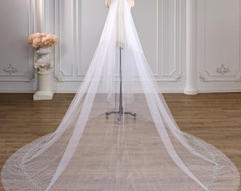 Pearl Edge Cathedral Bridal Veil, Two-Tier Sheer Tulle Veil with Hand-Sewn Pearl & Rhinestone, Romantic Dotted Pearl Blusher Veil
