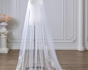 Wedding Lace Cape, Sheer Tulle Cathedral Shoulder Drape, High Neck Bridal Shawl with Intricate Lace Edge & Appliques, Handcrafted Veil