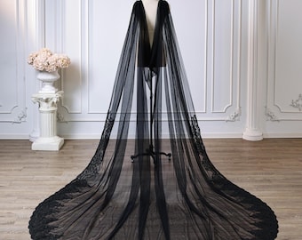 Gothic Black Handmade Lace Cape Veil with Clips, Cathedral Length Sheer Tulle Shoulder Drape, Dark Wedding Cape with Lace Applique Custom