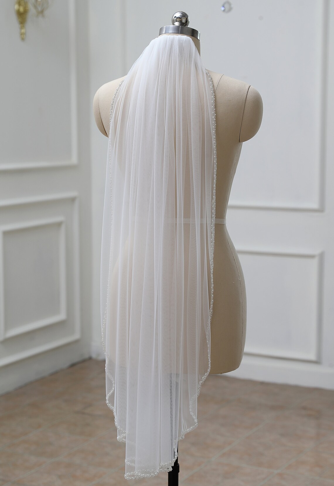 Beaded Bridal Veil Pearls Trim Veil Elegant Fingertip Veil Etsy