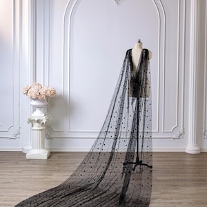 May include: A floor-length black sheer cape made of tulle fabric, featuring an all-over pattern of small embroidered stars and crescent moons. The cape is draped over a mannequin, extending onto the floor to create a long, flowing train.