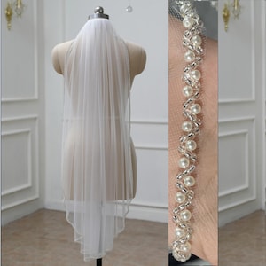 Perlenrand Schleier, Perlen Schleier, Eleganter Fingerspitze Schleier, Kristall Schleier, Weißer Elfenbein Perlen Brautschleier
