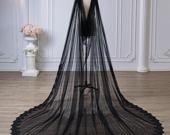 Black Lace Cape Veil with Sequins & Appliques, Gothic Cathedral Tulle Shawl Cape with Clips, Bride Cape Veil with Scalloped Edge