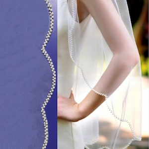 Scalloped Edge Veil, Pearls Trim Veil, Beaded Wedding Veil, Crystal Pearls Edge Veil, Fingertip Bridal Veil