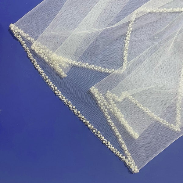 Beaded Bridal Veil, Pearls Trim Veil, Elegant Fingertip Veil, Crystal Edge Veil, Ivory Blusher Wedding Veil 1T 2T