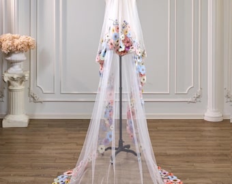 Colorful Wildflower Cathedral Wedding Veil, 2 Tiers Veil with Multicolor Floral Appliques, Fairy Colorful Flowers Bridal Veil with Blusher