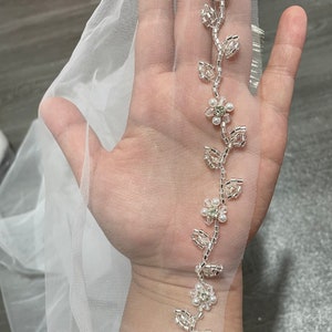 Handmade Beaded Vine Wedding Veil: Crystal Pearl Edge, Fingertip Length