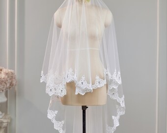 Handsewn Rhinestone Lace Bridal Veil with Comb, 2 Tier Drop Veil