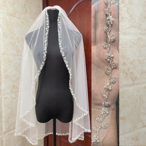 Beaded Floral Edge Veil, Fingertip Pearls Veil, Elegant Wedding Veil, Crystal Pearls Veil, Natural Vine Bridal Veil