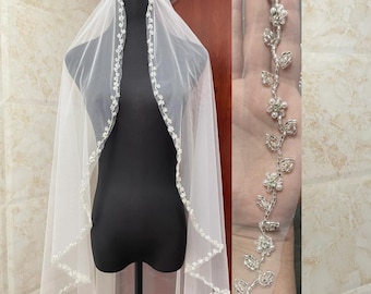 Handmade Beaded Floral Wedding Veil: Fingertip Length, Pearls & Crystal Vine Edge Bridal veil, 1 Tier Veil with Comb, Custom Veil