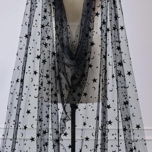 Handmade Celestial Star Moon Cape Veil, Gothic Black Tulle Cathedral Shawl Cape for Bride, Wedding Shoulder Cape for Party Halloween Whitchy image 5