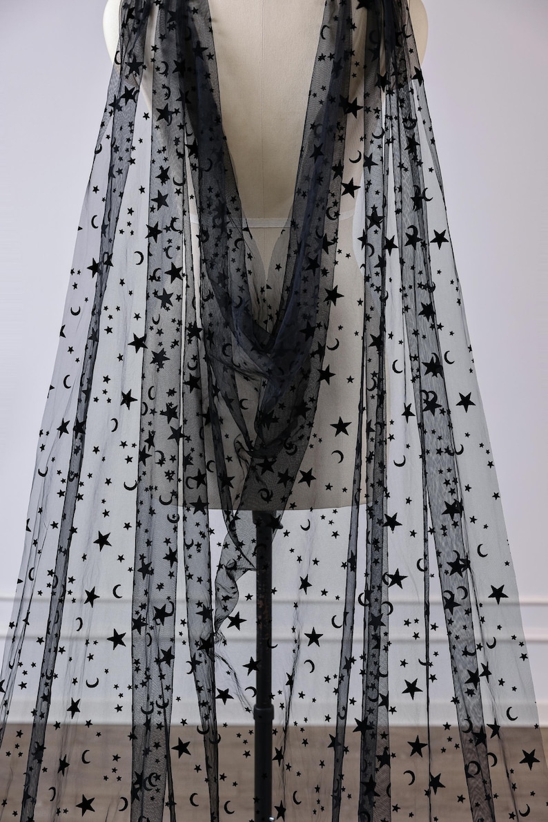Handmade Celestial Star Moon Cape Veil, Gothic Black Tulle Cathedral Shawl Cape for Bride, Wedding Shoulder Cape for Party Halloween Whitchy image 5