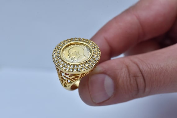 Mens Solid 925 Sterling Silver & 14k Yellow Gold Coin Ring Jesus On Cross  Nugget