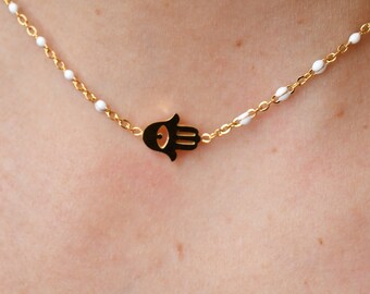 Gold Hamsa Necklace - Delicate Fatima Hand White Pearl Chain - Tiny Evil Eye Jewelry - Anniversary Gift for Her