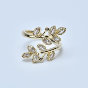 Delicate 21K Gold Filled Leaf Ring: Clear Diamond Nature Jewelry