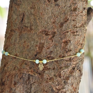 Hamsa necklace. Choker. Natural green pearl.Hamsa pendant. Handmade. Gold plated. Against the evil eye. Fatima&#39;s hand.
