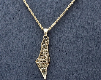 Collier Eretz Israël, Collier rempli d’or 24 carats, Collier de vœux hébreu, Collier de prière, Carte d’Eretz Israël, Cadeau pour femmes et hommes