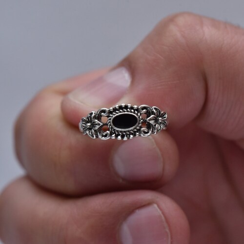 Handgemachter Vintage Schwarzer Onyx Blumen Ring - 925 Sterling Silber, Einzigartiger Boho Schmuck