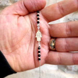 Black Onyx Hamsa Bracelet – Dainty Fatima Hand Jewelry, Evil Eye, Gemstone Bracelet for Women