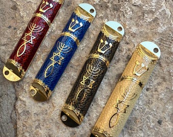 Mezuzah Case With Gold Star Of David and Menorah Painting, Jewish Mezuzah For the Home,Mezuzah in various colors, Spiritual Gift