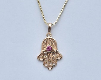 Gold Hamsa Necklace - Dainty Filigree Fatima Hand Pendant - Pink Zirconia Spiritual Protection Jewelry - Handmade Gift for Her