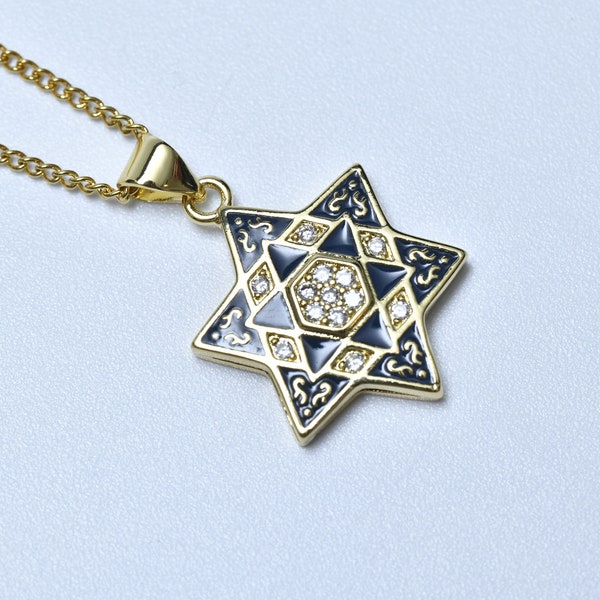 Gold Jewish Star Necklace-Blue Star of David-Antique Unique Jewish Necklace-Jewish Star Jewelry-Popular Star of David Necklace-Jewish Gift