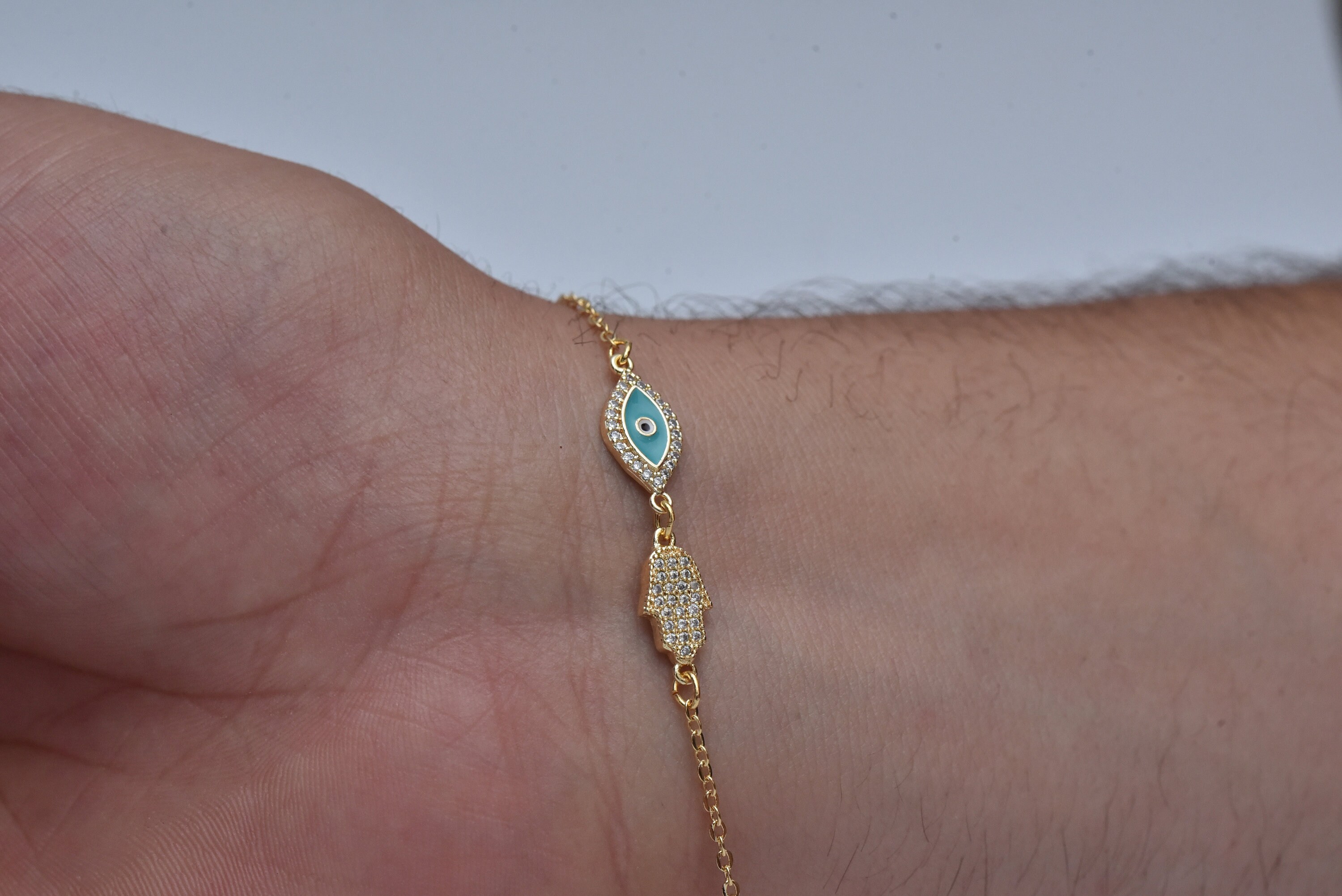 Bracciale Hamsa Con Occhio Del Diavolo - Perline Di Cristallo Blu - Elastico - Turco Portafortuna - 2