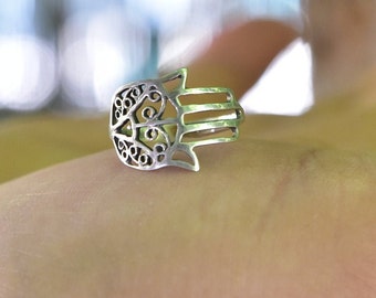Sterling Silver Hamsa Ring: Filigree Fatima Hand, Evil Eye Protection