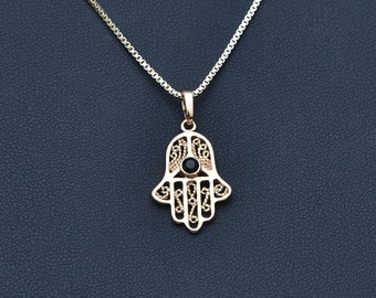 Handmade Gold Hamsa Necklace - Hand of Fatima Pendant Black Onyx Stone - Evil Eye Jewelry for Protection from Israel - Gift for Women