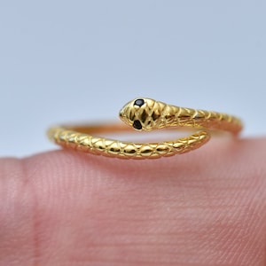 21K Gold Filled Snake Ring: Black Onyx Stone, Minimalist Animal Jewelry