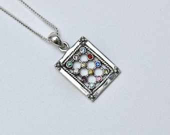 925 Sterling Silver 12 Tribes of Israel Necklace with Gemstones–Choshen Breastplate Judaica Pendant