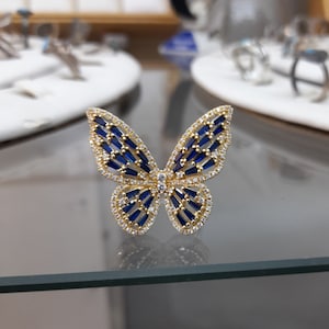 Gold butterfly ring, blue butterfly ring, blue gemstone ring, butterfly design gold ring, gemstone butterfly ring, gift for her