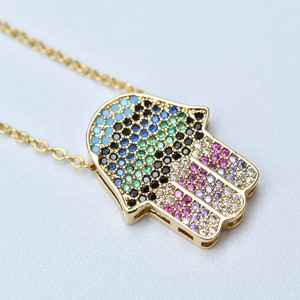 Gold Hamsa Necklace: Multicolor Gemstone Fatima Hand Jewelry Gift For Woman