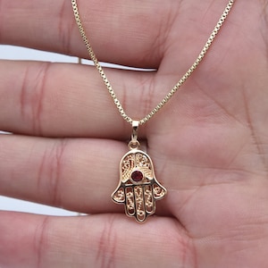 21K Goldfield Hamsa Necklace – Fatima Hand Pendant with Red Ruby Stone ,Spiritual Gift