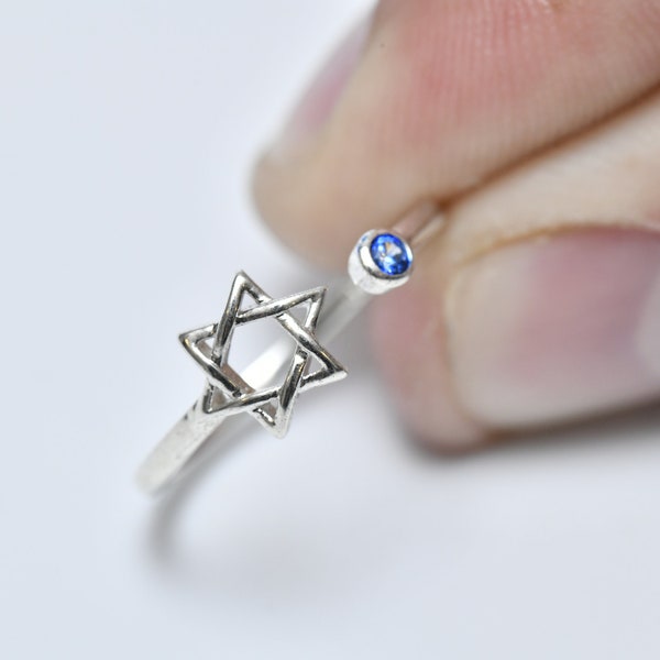 Delicate Silver Jewish Star Ring-Minimalist Star of David Ring-Blue Gemstone Ring-Blue Gemstone Jewish Star Ring-Everyday Ring-Gift for Her