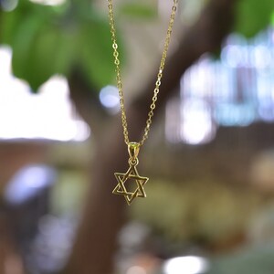 May include: A gold chain necklace with a Star of David pendant.