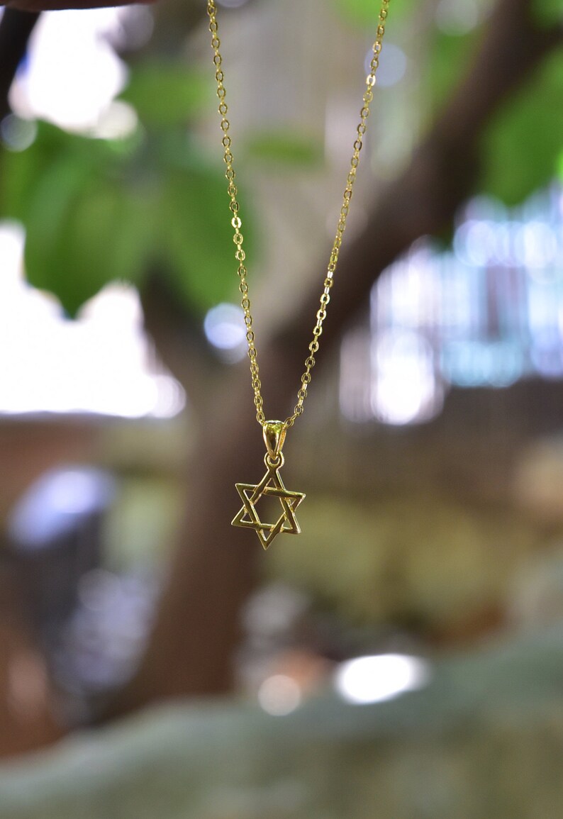 May include: A gold chain necklace with a Star of David pendant.