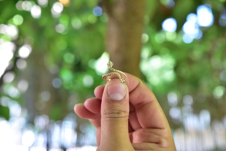 May include: A gold snake ring with a textured design. The ring is held by a hand against a blurred green background.