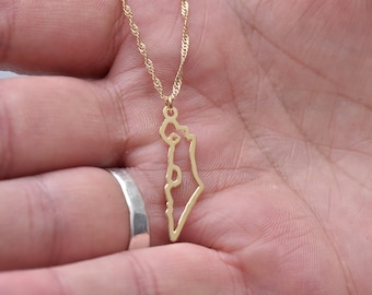Halsband med Israelkarta i guld, elegant minimalistiskt hänge med Israelkarta, handgjorda israeliska smycken, 21K guldfyllt, födelsedagspresent