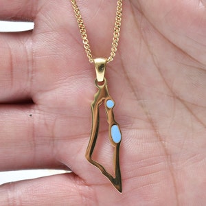 Gouden kaart uit Israël ketting-Israël kaart sieraden-turkoois Israël kaart ketting-blauwe edelsteen Israël ketting-gouden kaart ketting-joods cadeau