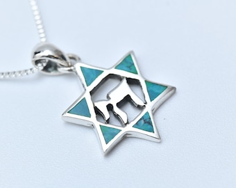 Jewish star necklace with Eilat stone,Star of David necklace with CHAI,Eilat stone CHAI,Judaica jewelry,925 sterling silver,vintage necklace