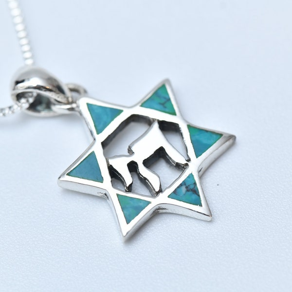 Jewish star necklace with Eilat stone,Star of David necklace with CHAI,Eilat stone CHAI,Judaica jewelry,925 sterling silver,vintage necklace