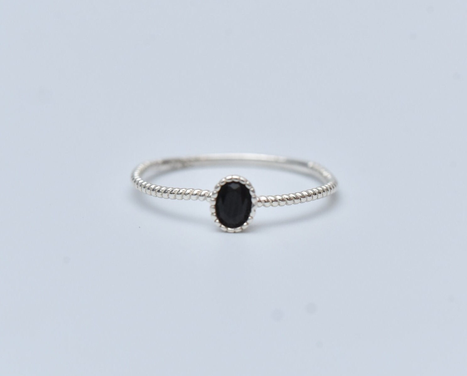 Dainty Black Onyx Ring - 925 Sterling Silver Twisted Rope Band - Minimalist Oval Gemstone Jewelry - Gift For Her
