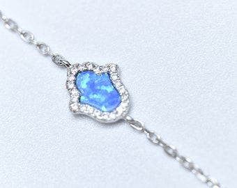 Dainty Blue Opal Hamsa Bracelet – 925 Sterling Silver Fatima Hand,Sparkling Diamond Accent,Handmade Jewelry,Gift For Her