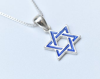 May include: A silver chain necklace with a blue enamel Star of David pendant.