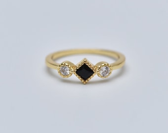 Minimalist Gold Ring: Black Diamond & Onyx Handmade Jewelry,Gift For Woman
