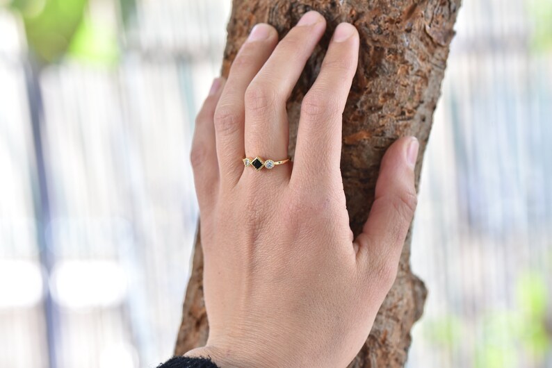 Minimalist Gold Ring: Black Diamond & Onyx Handmade Jewelry,Gift For Woman image 3